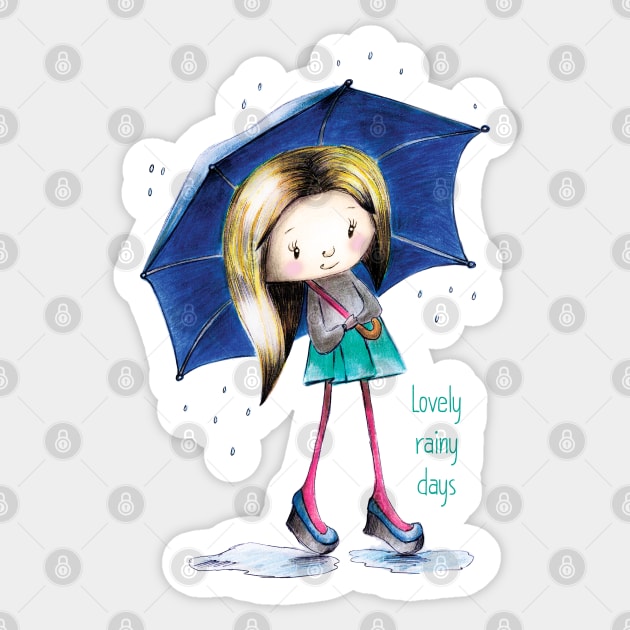Cute girl in the rain with an umbrella Sticker by Olena Tyshchenko
